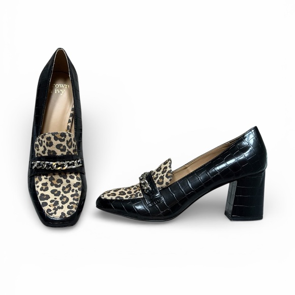 crown & ivy Shoes - NEW Crown & Ivy Scarlett Cheetah Croc Embossed Block Heel Pumps Women’s 10 Chic